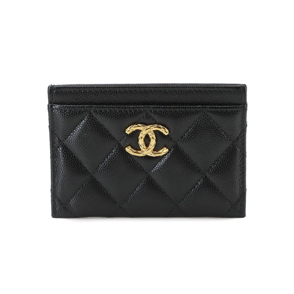 Chanel Quilted Card Case Business Caviar Leather Black Gold