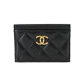 Chanel Quilted Card Case Business Caviar Leather Black Gold