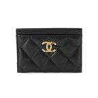 Chanel Quilted Card Case Business Caviar Leather Black Gold