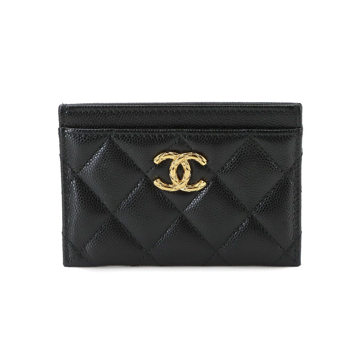 Chanel Quilted Card Case Business Caviar Leather Black Gold