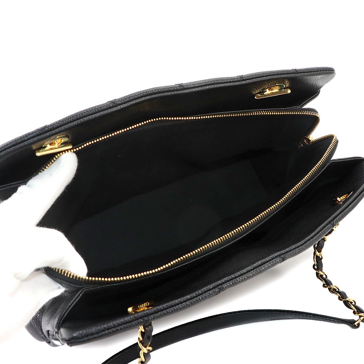 Chanel Quilted Chain Tote Bag Caviar Leather Black — view 6
