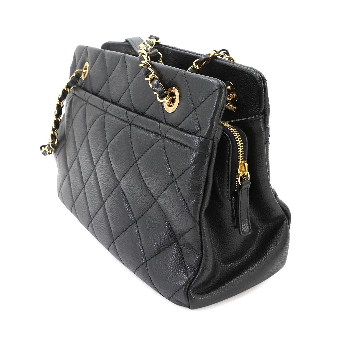 Chanel Quilted Chain Tote Bag Caviar Leather Black — view 3