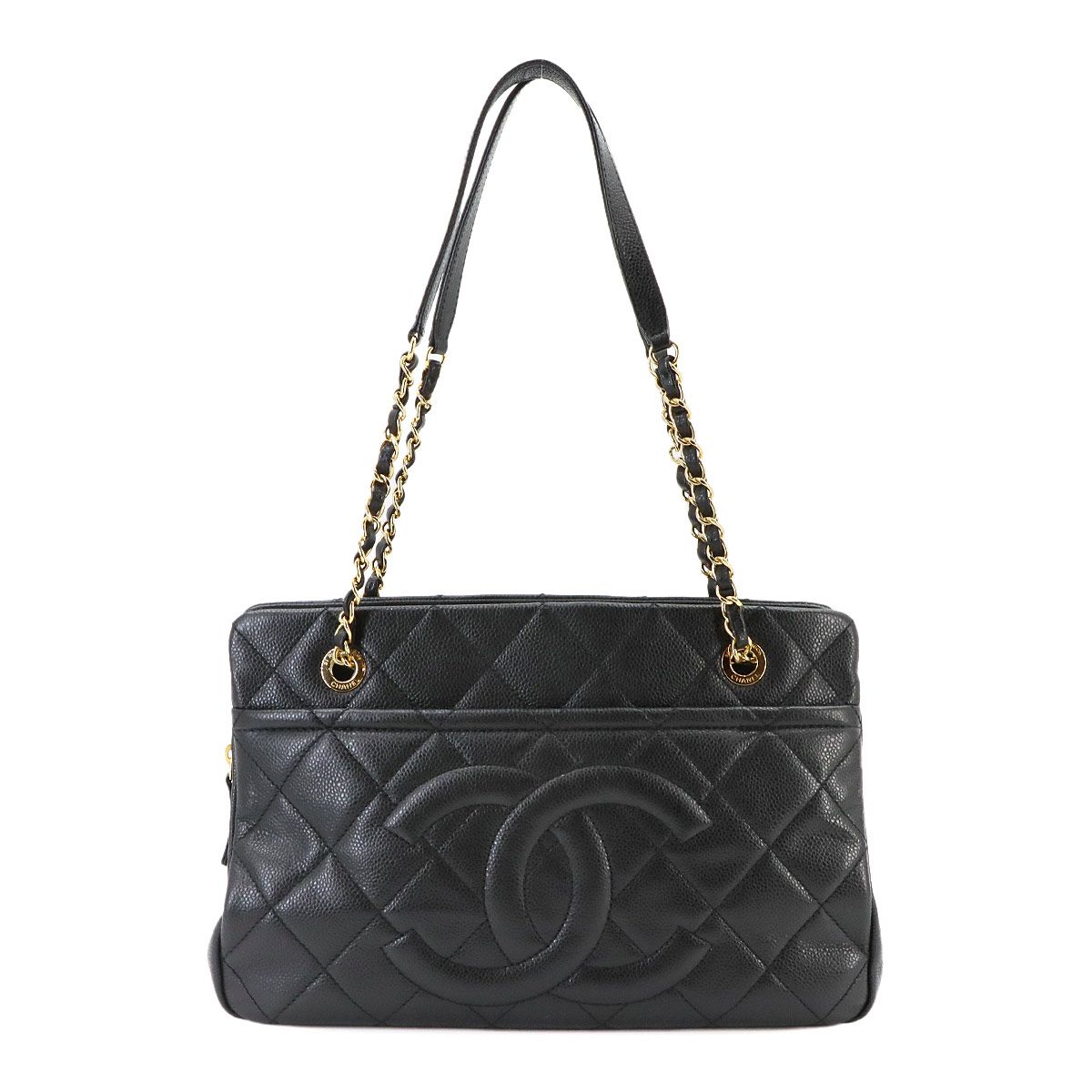 Chanel Quilted Chain Tote Bag Caviar Leather Black