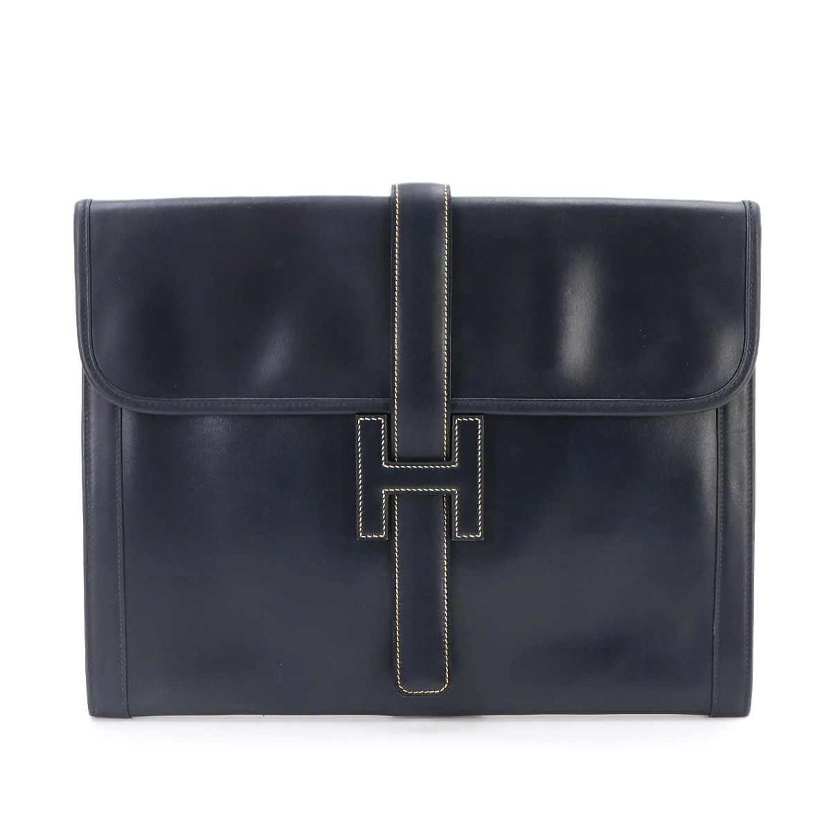 Hermes Jige GM Clutch Box Calf Navy