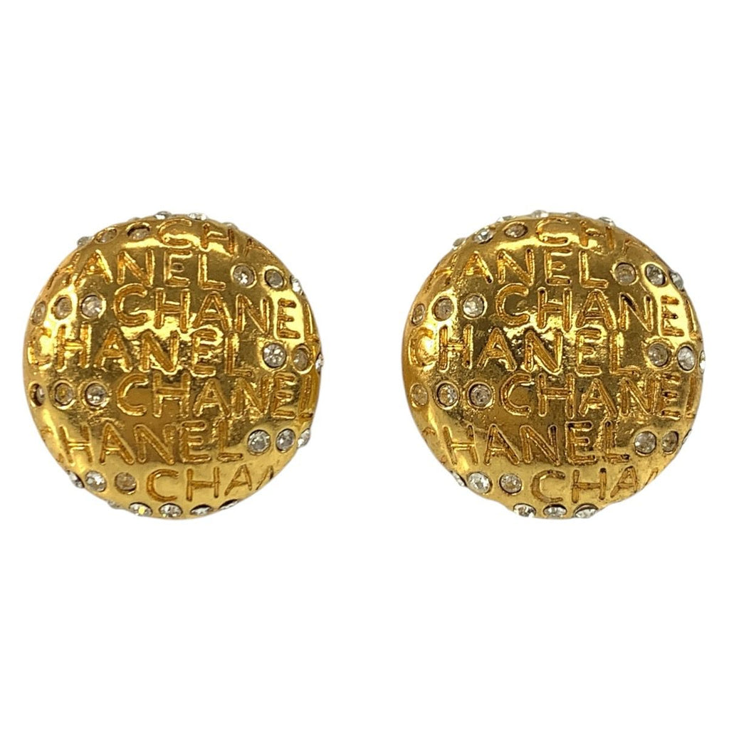 Chanel Vintage Logo Gold Plated Rhinestone Earrings