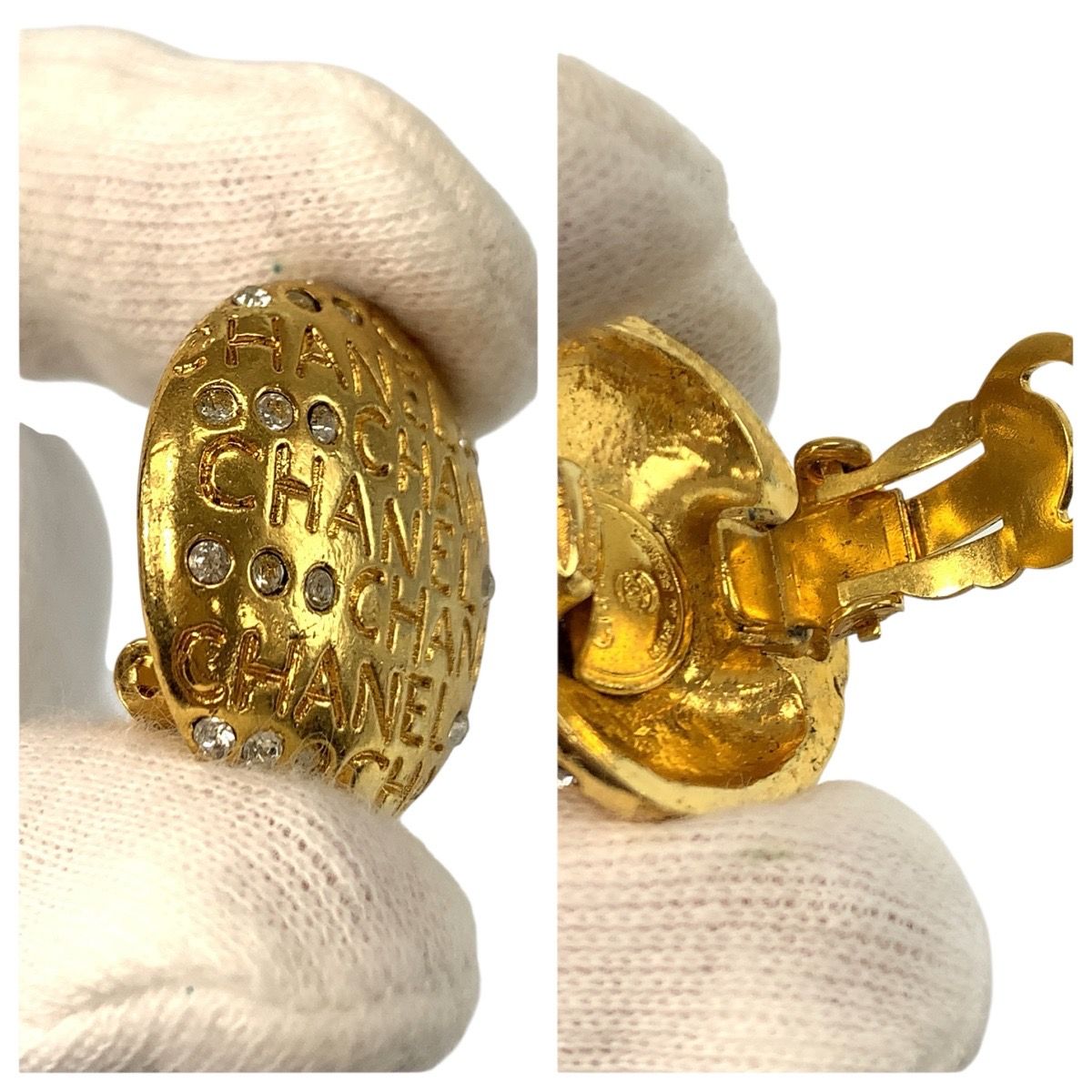 Chanel Vintage Logo Gold Plated Rhinestone Earrings — view 5