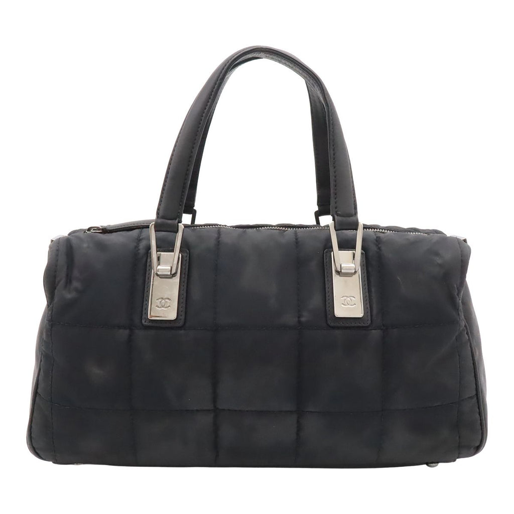 Chanel Choco Bar Mini Boston Bag Nylon Lambskin Black Silver