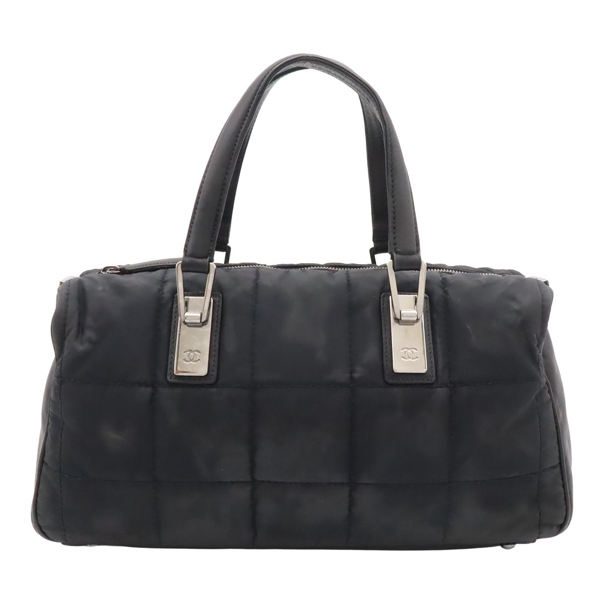 Chanel Choco Bar Mini Boston Bag Nylon Lambskin Black Silver