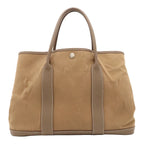 Hermes Garden Party PM Tote Bag Canvas Leather Light Brown Etoupe Silver