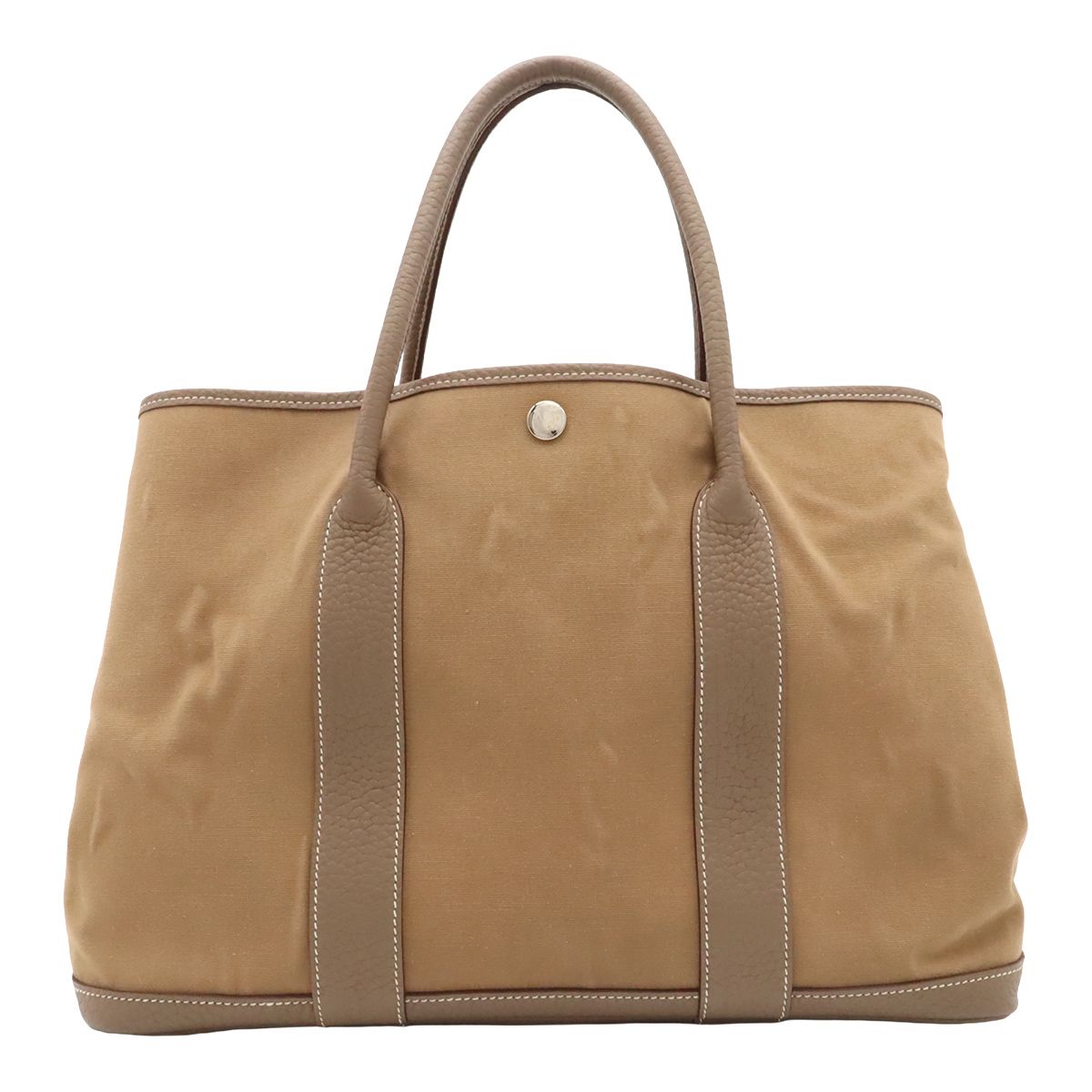 Hermes Garden Party PM Tote Bag Canvas Leather Light Brown Etoupe Silver
