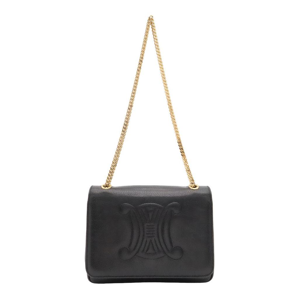 Celine Macadam Triomphe Logo Chain Shoulder Bag Pochette Vintage Leather Black