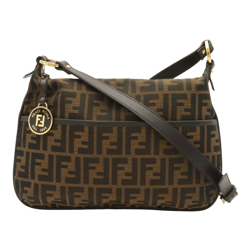 Fendi Zucca Pattern Shoulder Bag Crossbody Nylon Canvas Khaki Brown Dark Gold