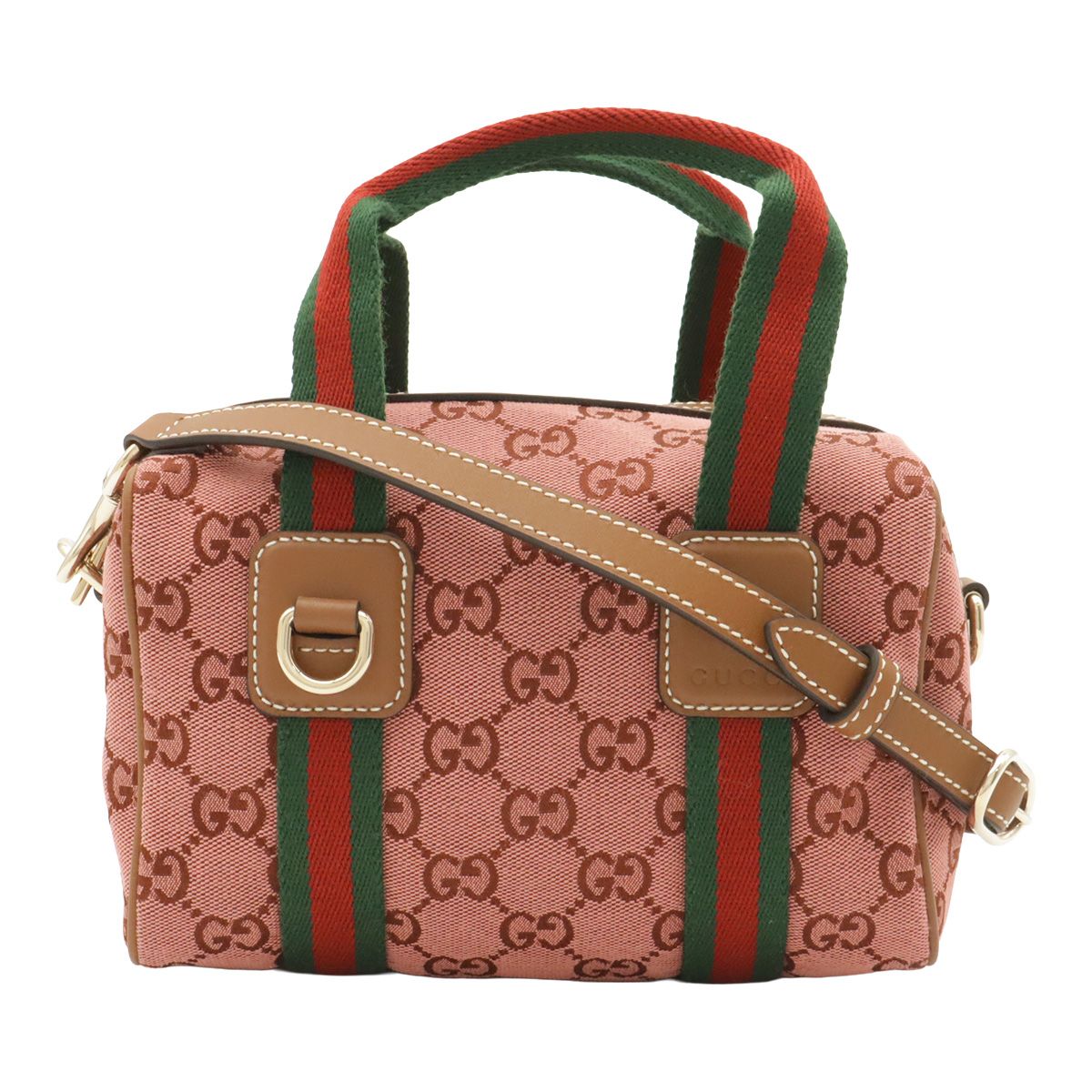 Gucci GG Canvas Sherry Line Mini Boston Bag 2-Way Crossbody Leather Pink Silver