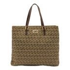 Fendi Zucchino Zucca Pattern Tote Bag Canvas Leather Khaki Brown Gold