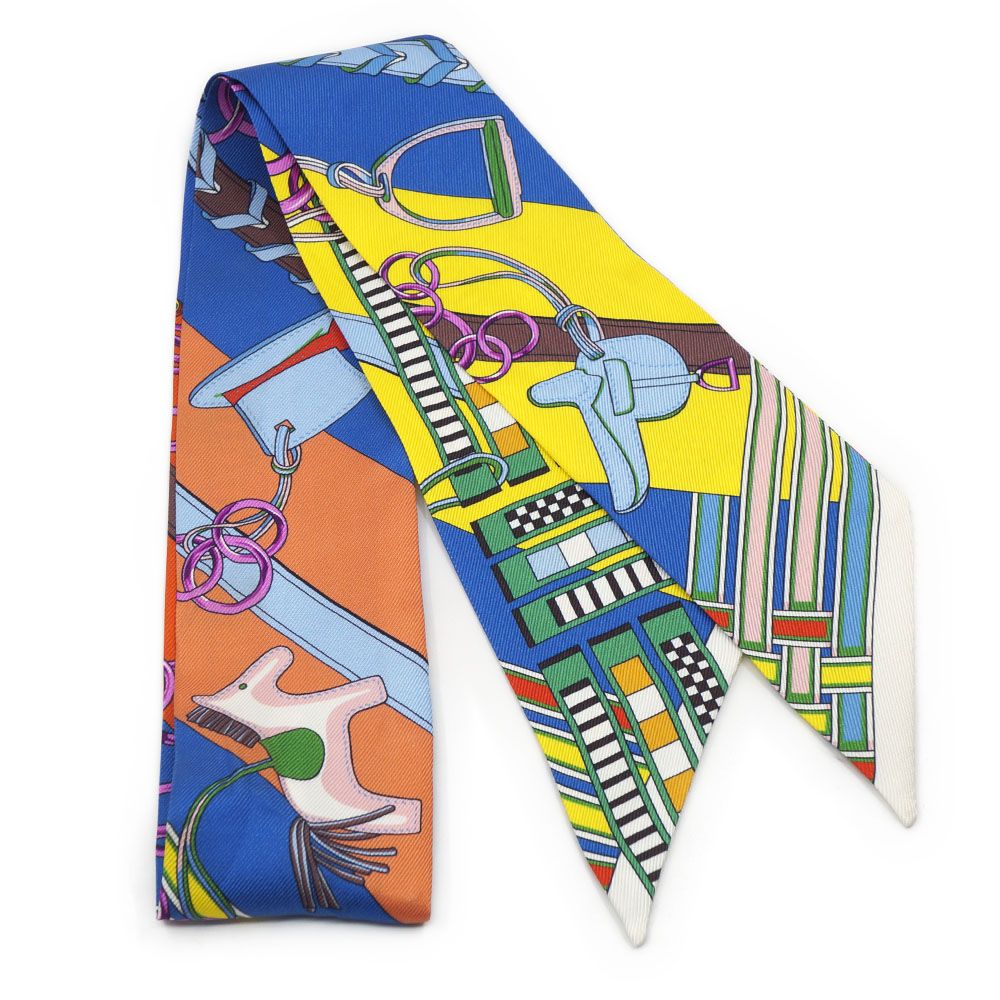 Hermes Brides Et Gray Bridle and Charm Multicolor Twilly Silk 100% Scarf
