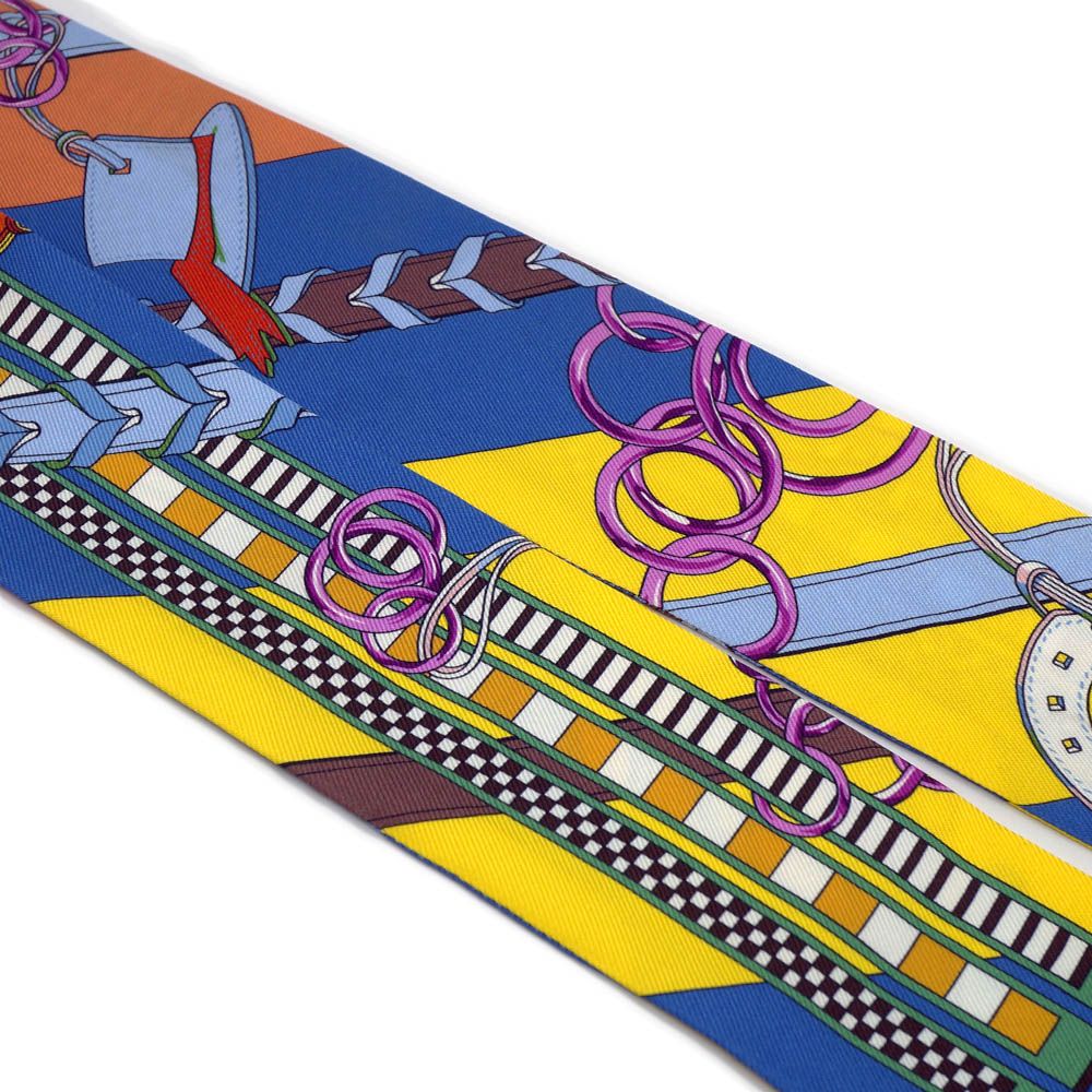 Hermes Brides Et Gray Bridle and Charm Multicolor Twilly Silk 100% Scarf — view 4