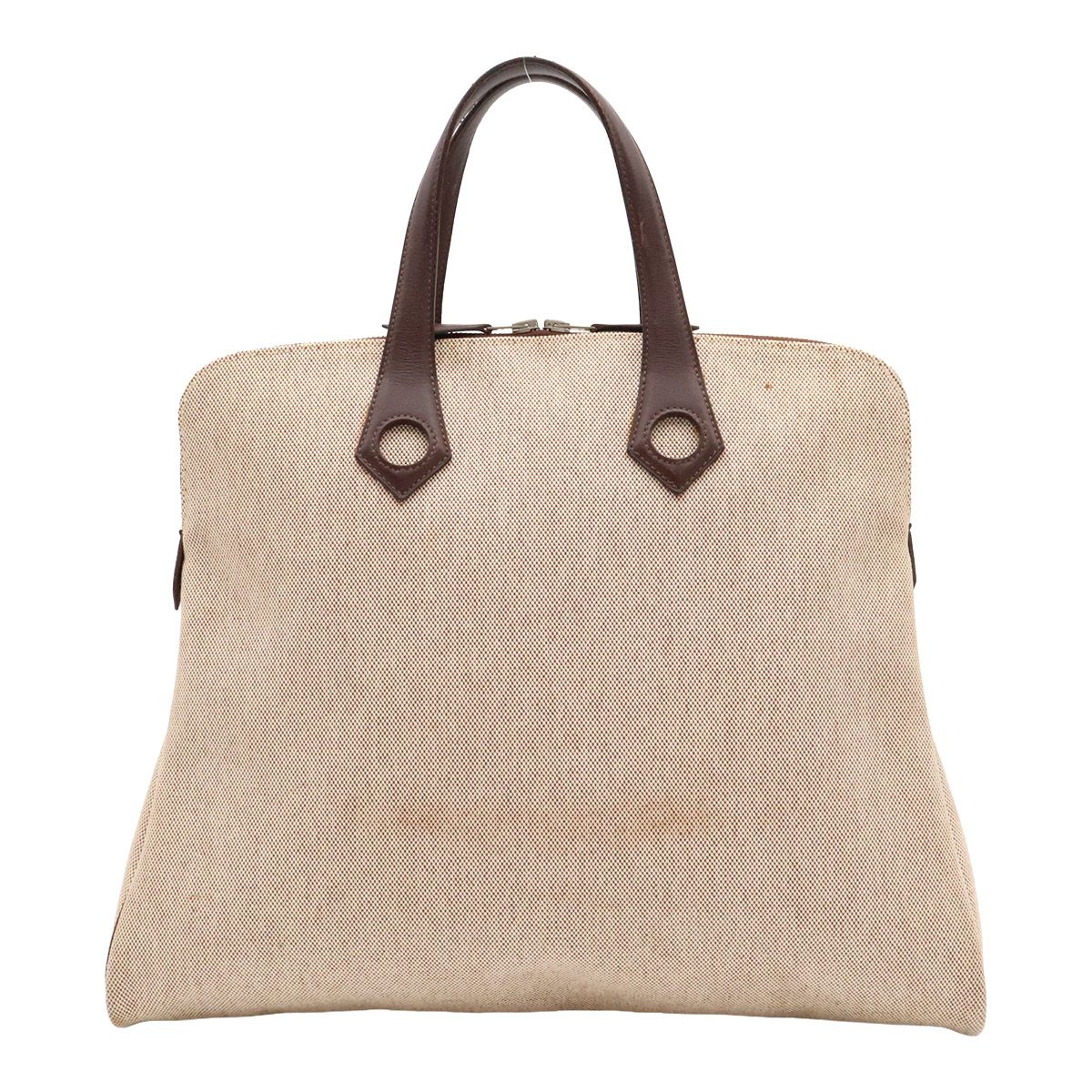 Hermes Sac Ibou MM Handbag 2-Way Toile H Leather Ivory Natural Brown Silver