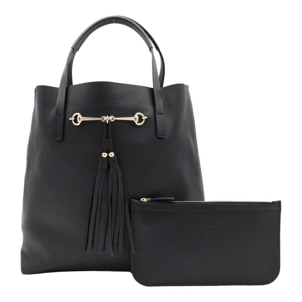 Gucci Horsebit Tote Bag Tassel Fringe Leather Black Gold