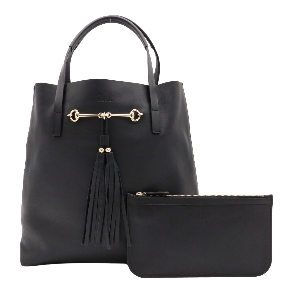 Gucci Horsebit Tote Bag Tassel Fringe Leather Black Gold