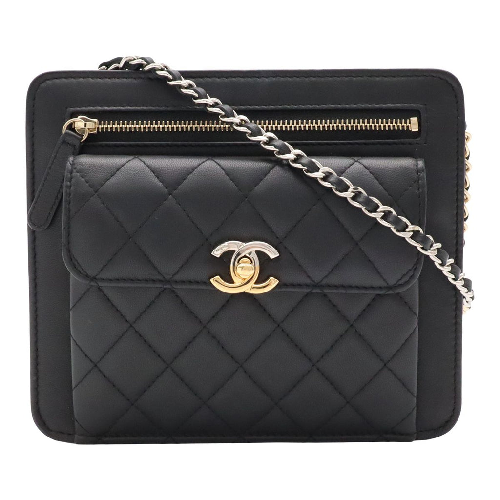 Chanel Quilted Chain Shoulder Bag Pochette Leather Black