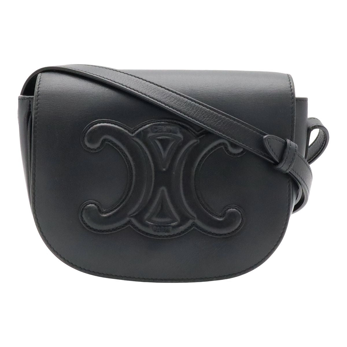 Celine Folco Cuir Triomphe Logo Shoulder Bag Pochette Crossbody Leather Black