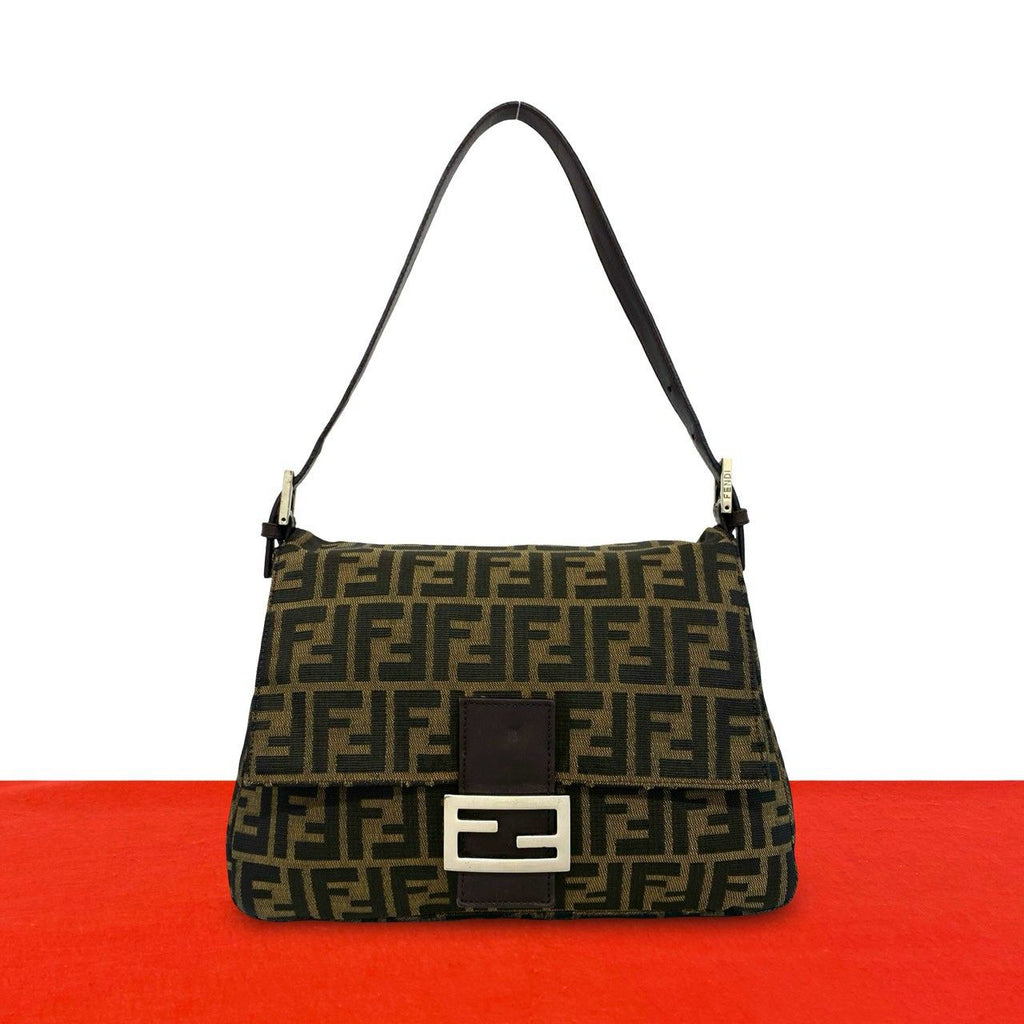 Fendi Vintage Mamma Bucket Zucca FF Logo Canvas Leather Shoulder Bag Brown