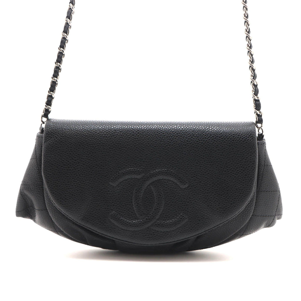 Chanel CC Logo Half Moon Chain Wallet Black Silver Caviar Leather Shoulder Bag