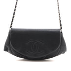 Chanel CC Logo Half Moon Chain Wallet Black Silver Caviar Leather Shoulder Bag
