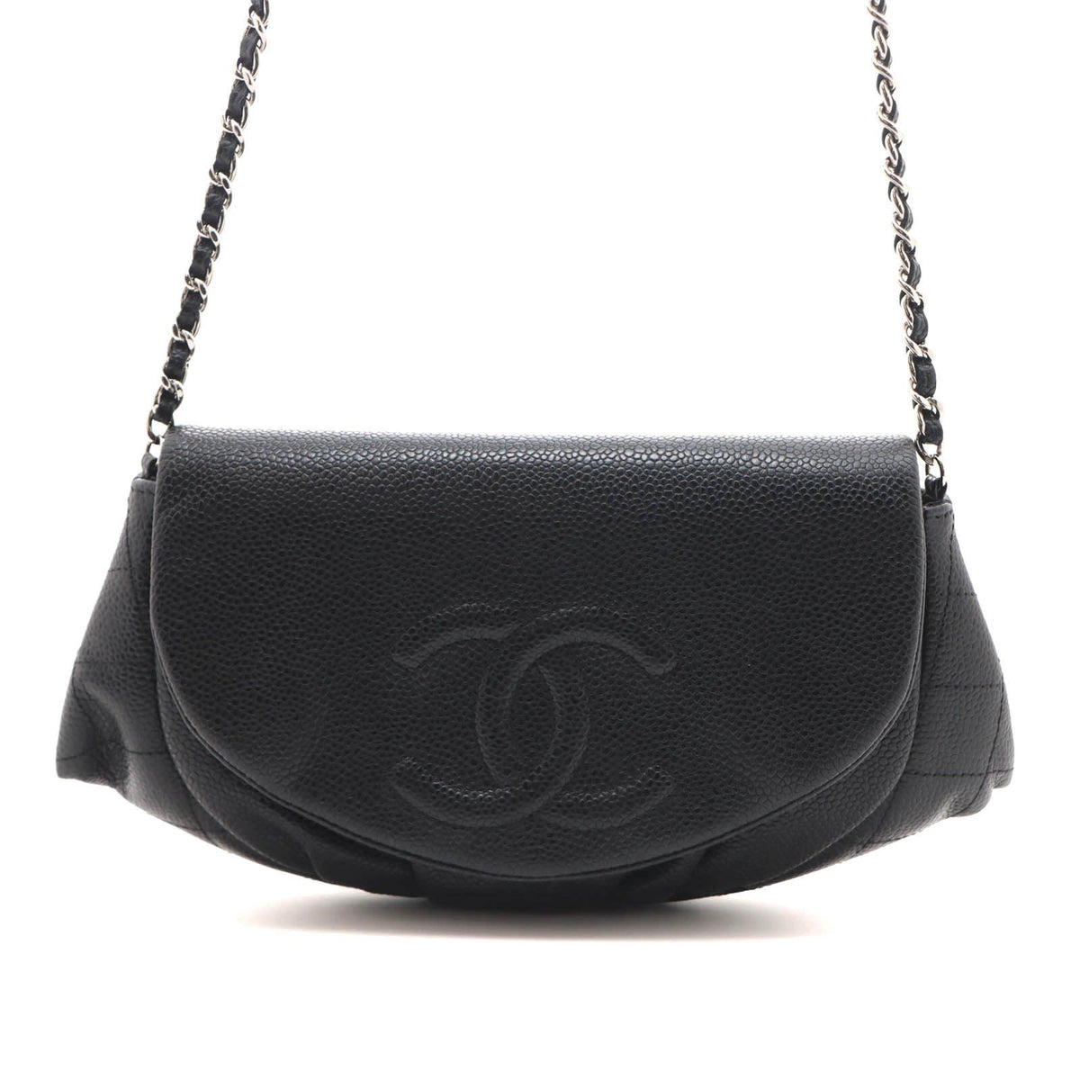 Chanel CC Logo Half Moon Chain Wallet Black Silver Caviar Leather Shoulder Bag