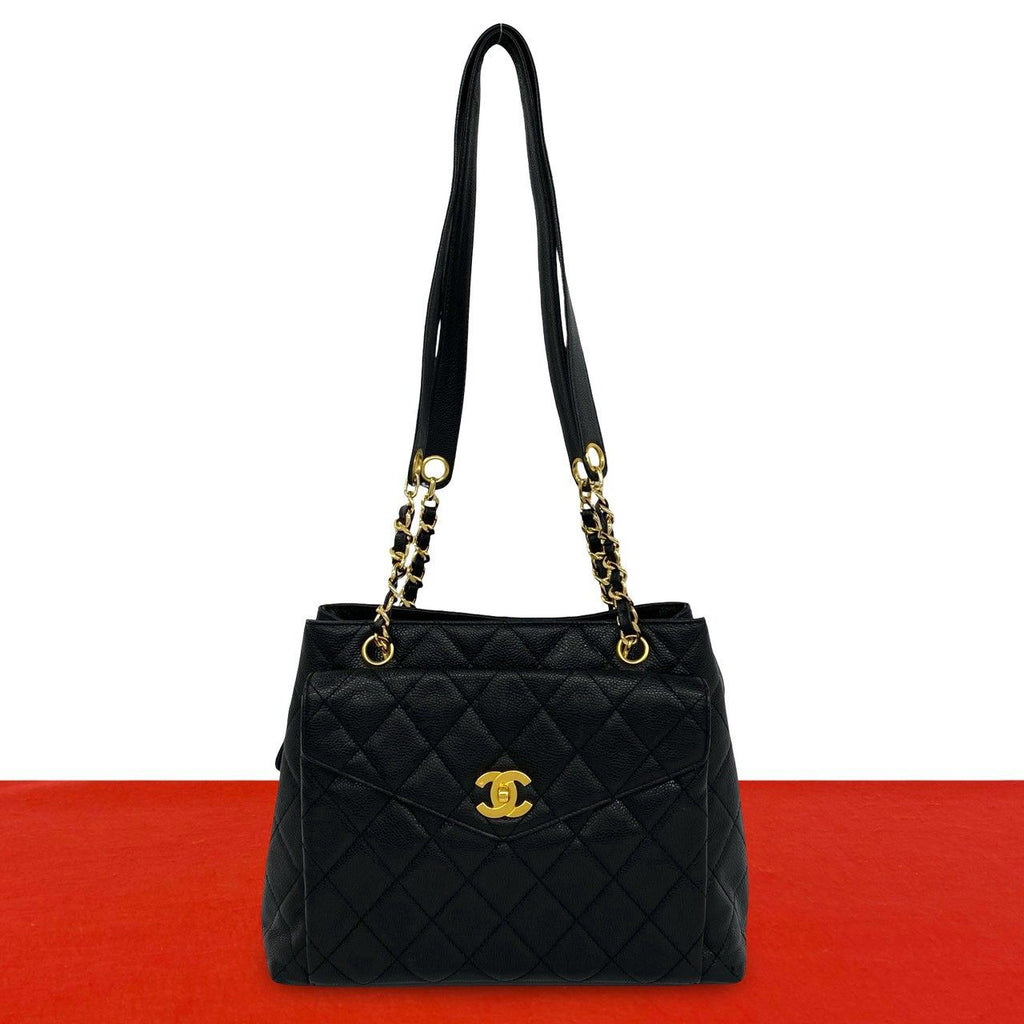 Chanel Quilted CC Logo Caviar Leather Tote Bag Black