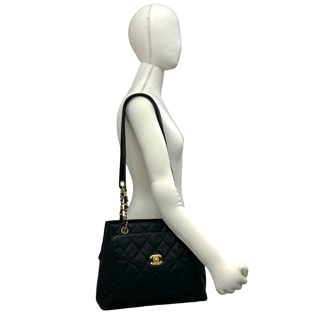 Chanel Quilted CC Logo Caviar Leather Tote Bag Black — view 2
