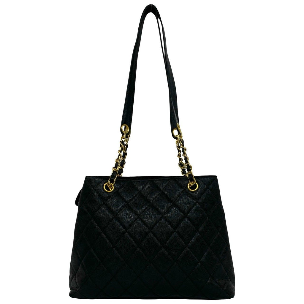 Chanel Quilted CC Logo Caviar Leather Tote Bag Black — view 3