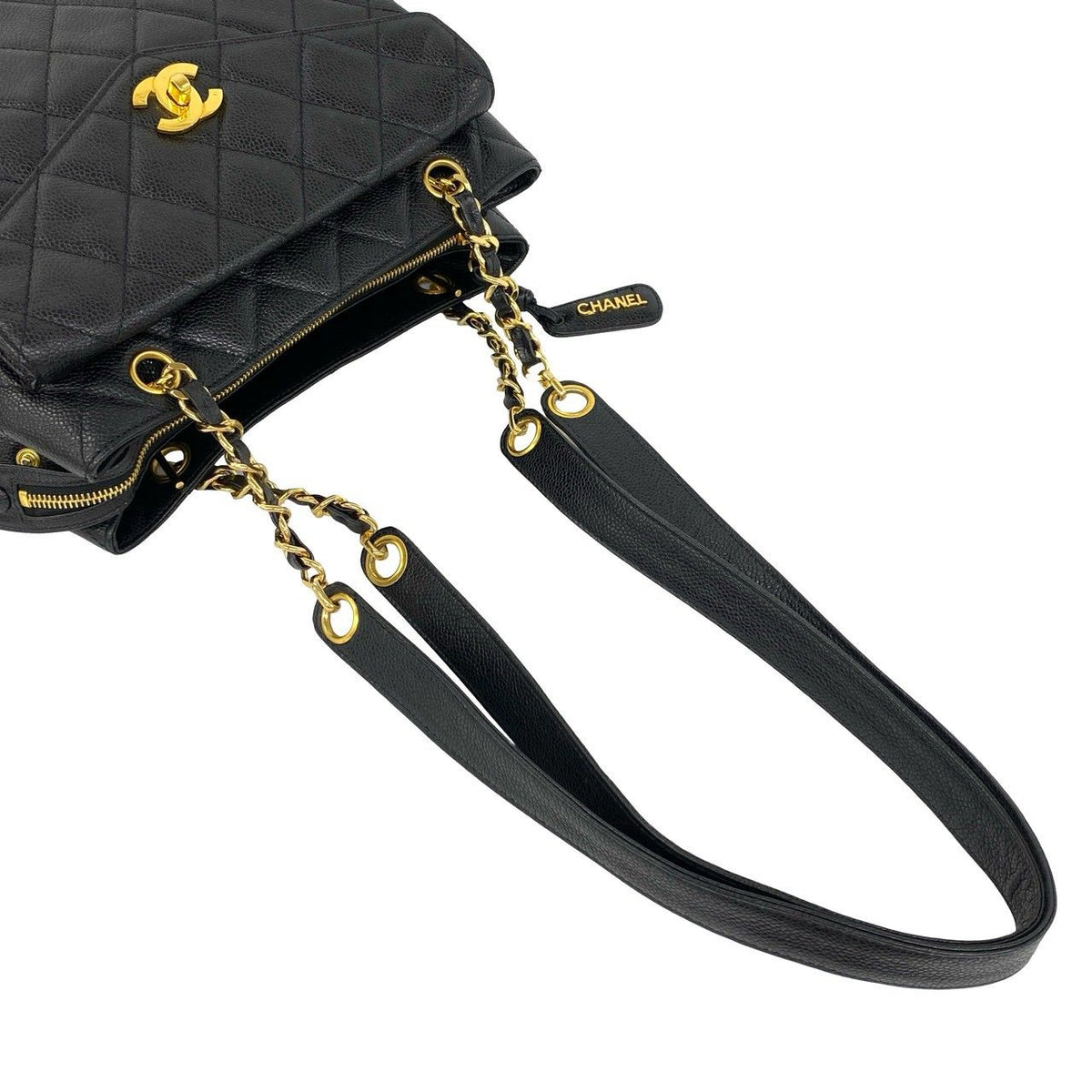 Chanel Quilted CC Logo Caviar Leather Tote Bag Black — view 4