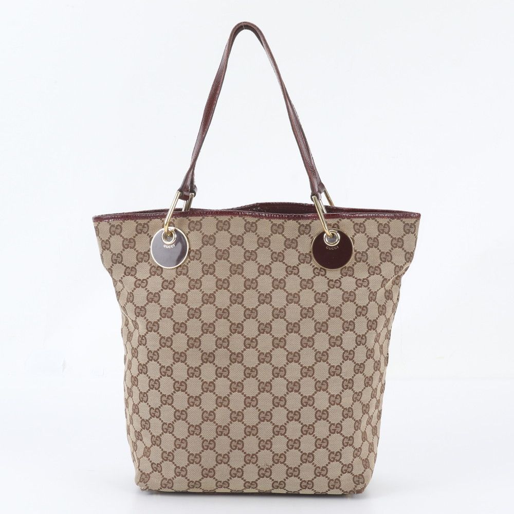 Gucci GG Canvas Eclipse Leather Tote Bag Shoulder Hand Brown