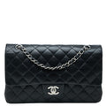 Chanel CC Logo Quilted 25 Double Flap Chain Shoulder Bag Black Silver Lambskin