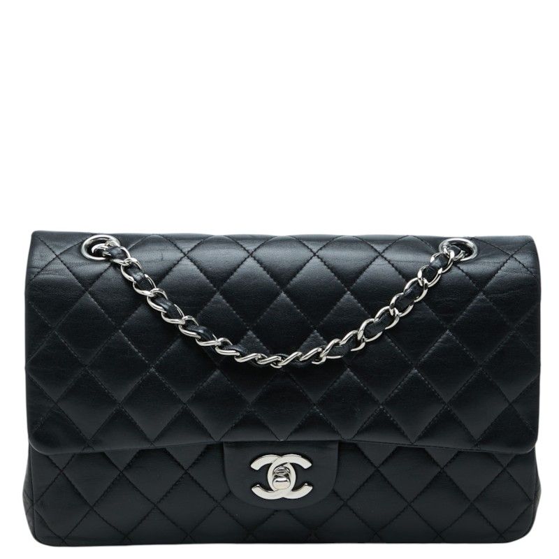 Chanel CC Logo Quilted 25 Double Flap Chain Shoulder Bag Black Silver Lambskin