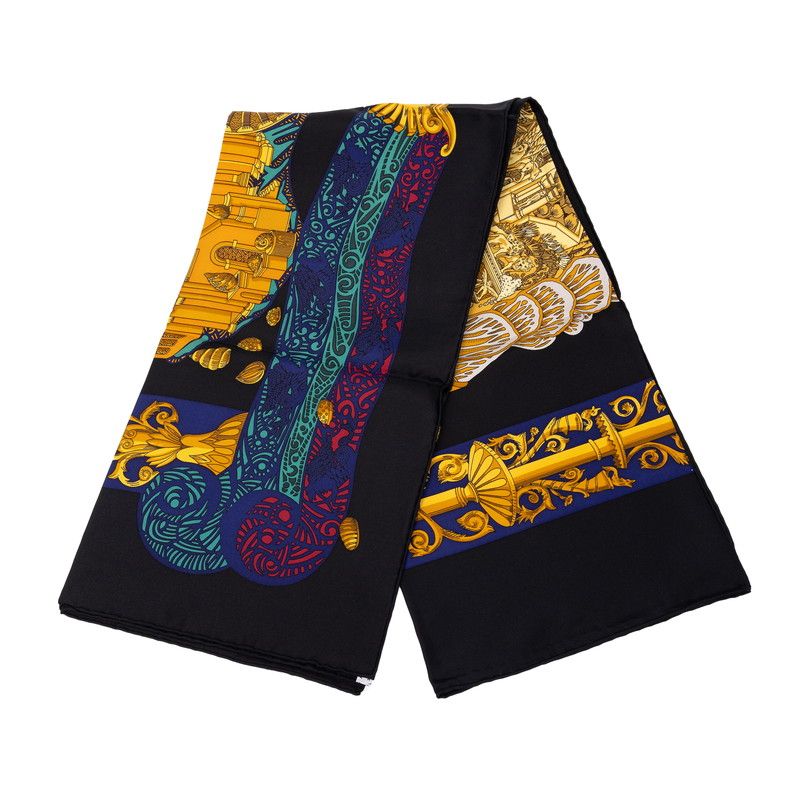 Hermes Carre 90 L'atlantide Atlantis Scarf Large Gold Black Multicolor Silk