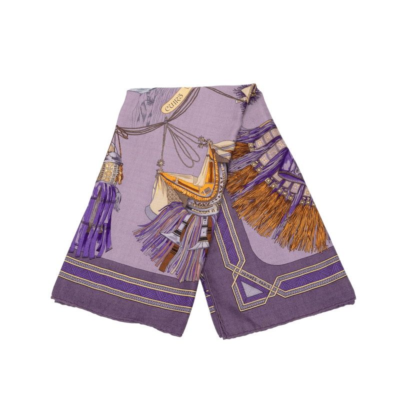 Hermes Carre 90 Cuirs du Desert Leather Ornament Scarf Large Purple Cashmere