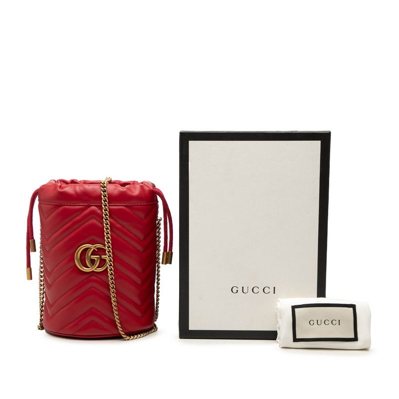 Gucci GG Marmont Heart Motif Small Bucket Bag Chain Red Leather — view 7