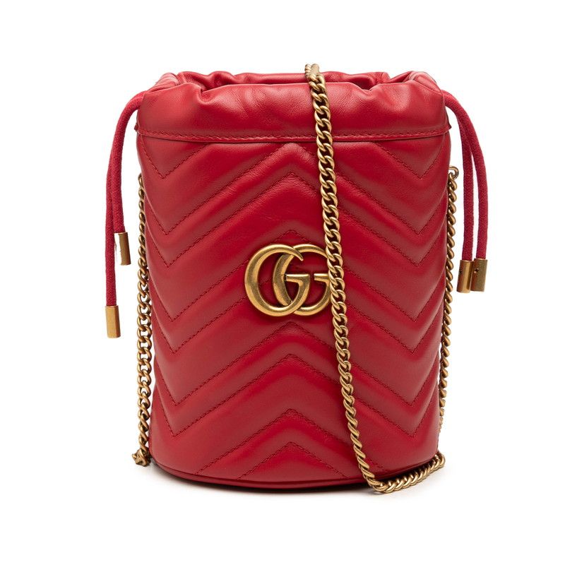 Gucci GG Marmont Heart Motif Small Bucket Bag Chain Red Leather