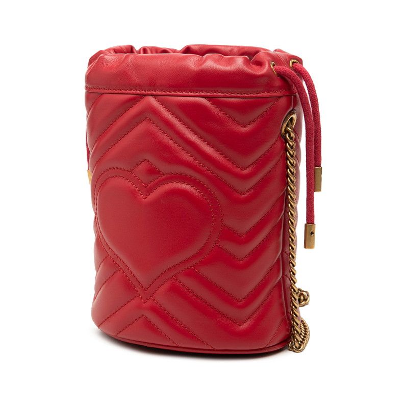 Gucci GG Marmont Heart Motif Small Bucket Bag Chain Red Leather — view 2