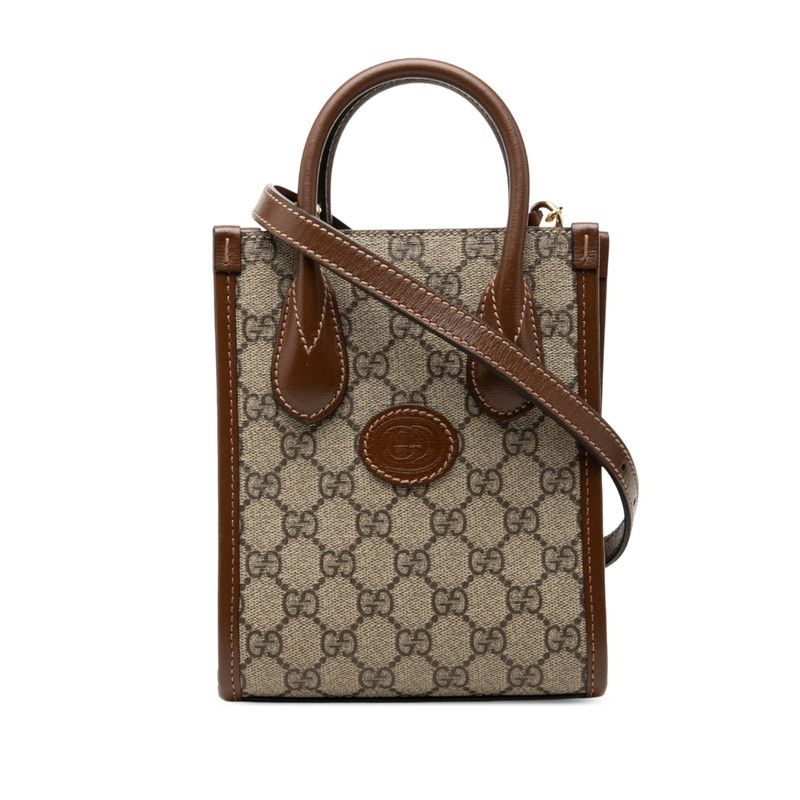 Gucci GG Supreme 2-Way Shoulder Bag Pochette Beige Brown Leather