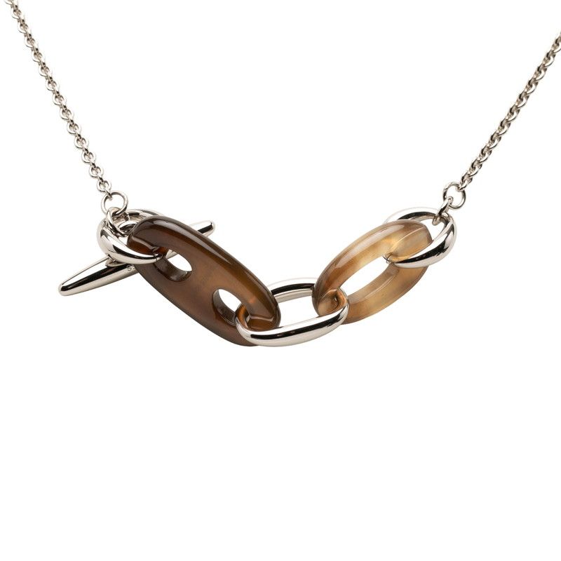 Hermes Rivage PM Chain Pendant Silver Brown Metal Buffalo Horn