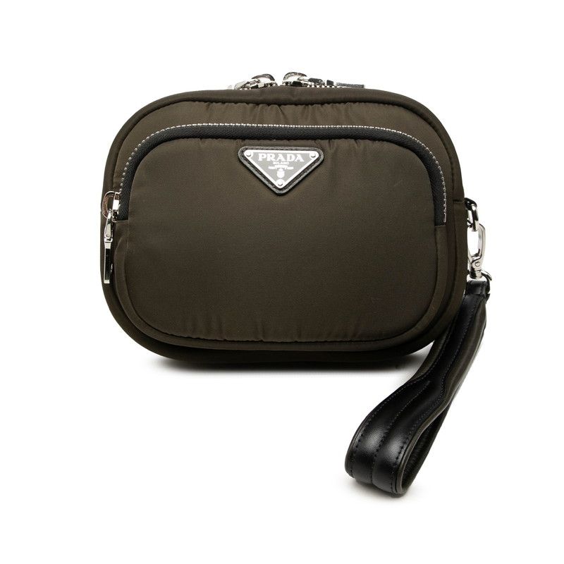 Prada Clutch Pouch Khaki Green Nylon Leather