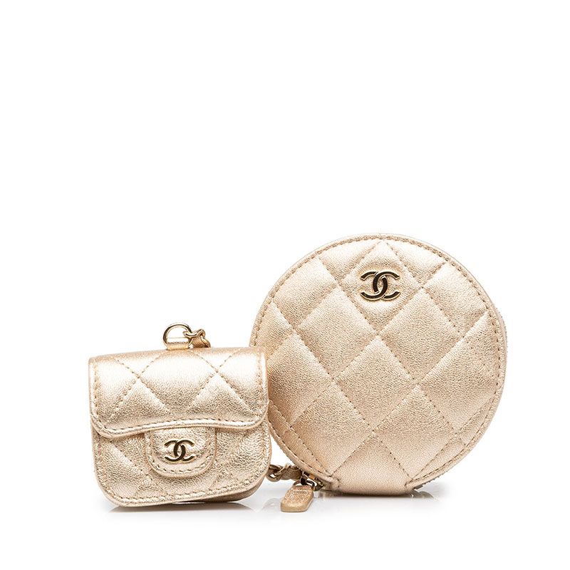 Chanel CC Logo Quilted Coin Purse Airpods Case Gold Leather