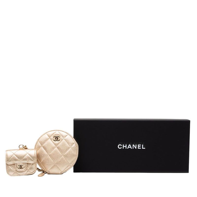 Chanel CC Logo Quilted Coin Purse Airpods Case Gold Leather — view 8