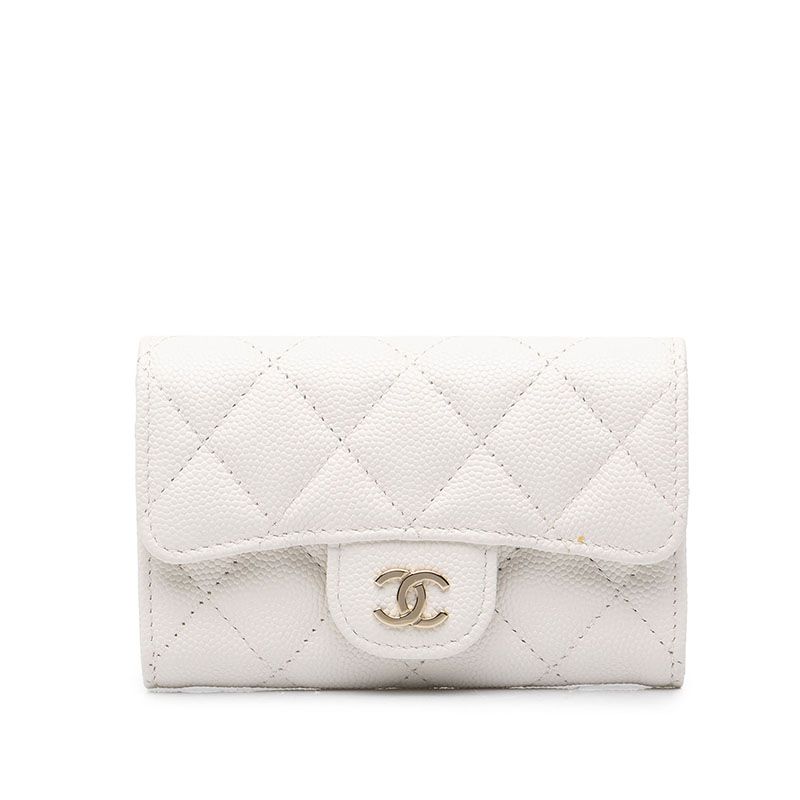 Chanel CC Logo Quilted Card Case Business White Caviar Leather