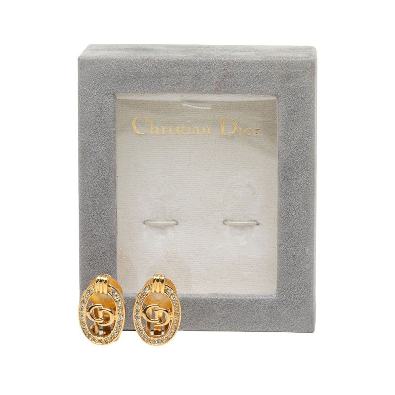 Dior CD Logo Oval Earrings Gold Plated Rhinestone — view 4