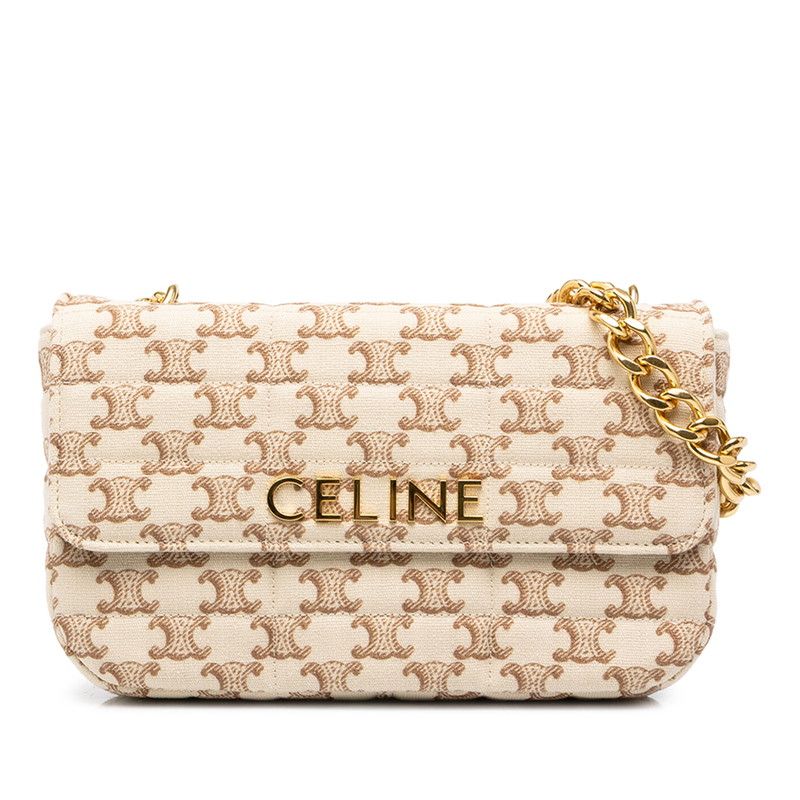 Celine Triomphe Chain Shoulder Bag Beige Brown Canvas