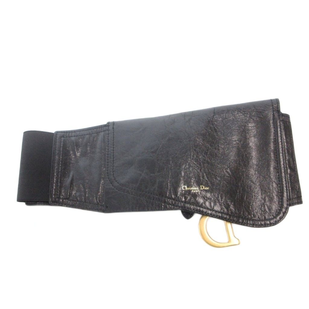 Dior Saddle Belt D Logo Gold Colored Leather Suede Black